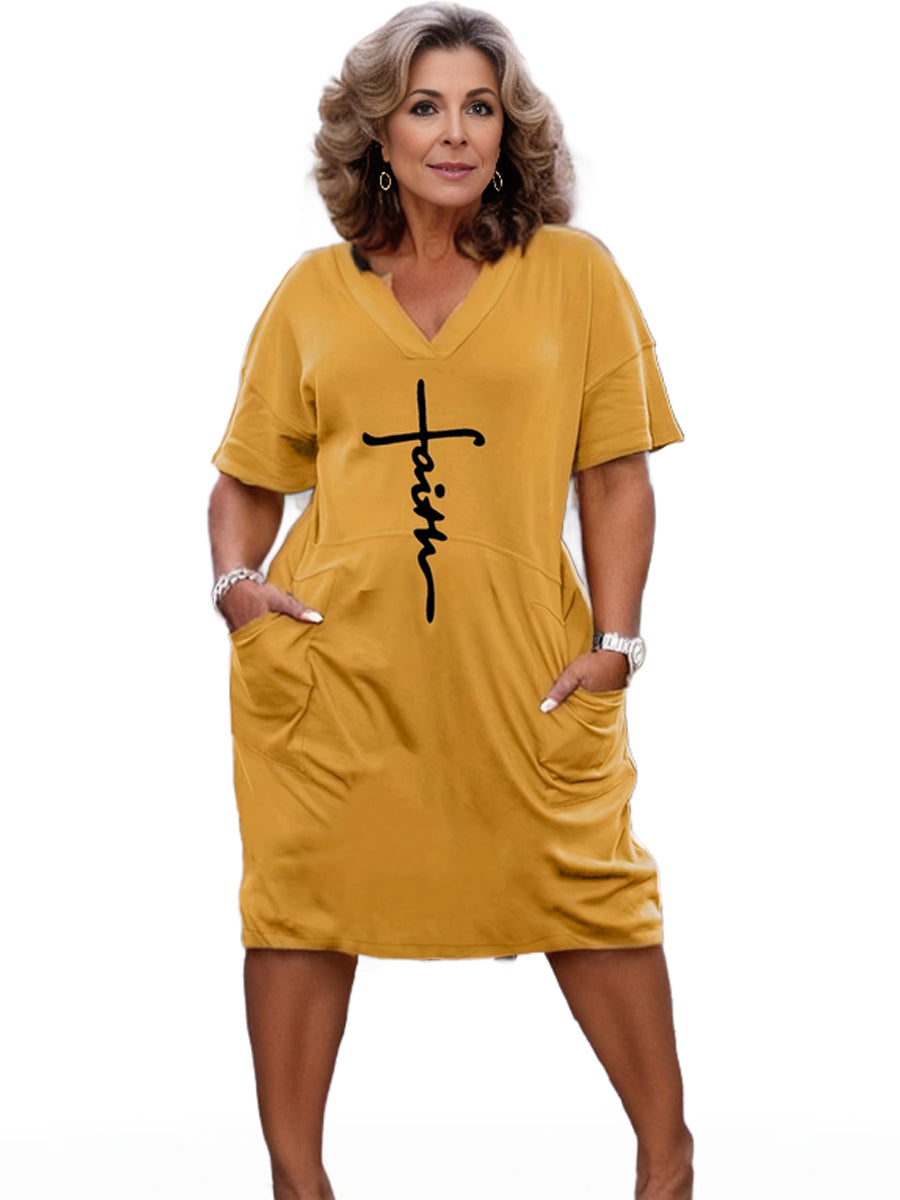 Plus Size 'Faith' Letter Print Short Sleeve Midi Dress With Pockets, Women's Plus Slight Stretch Casual Dress