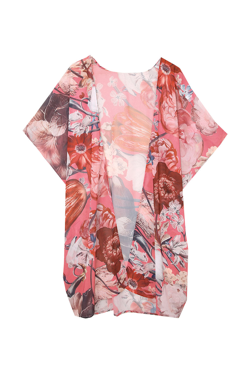 Pink Boho Floral Print Beach Cover up Kimono