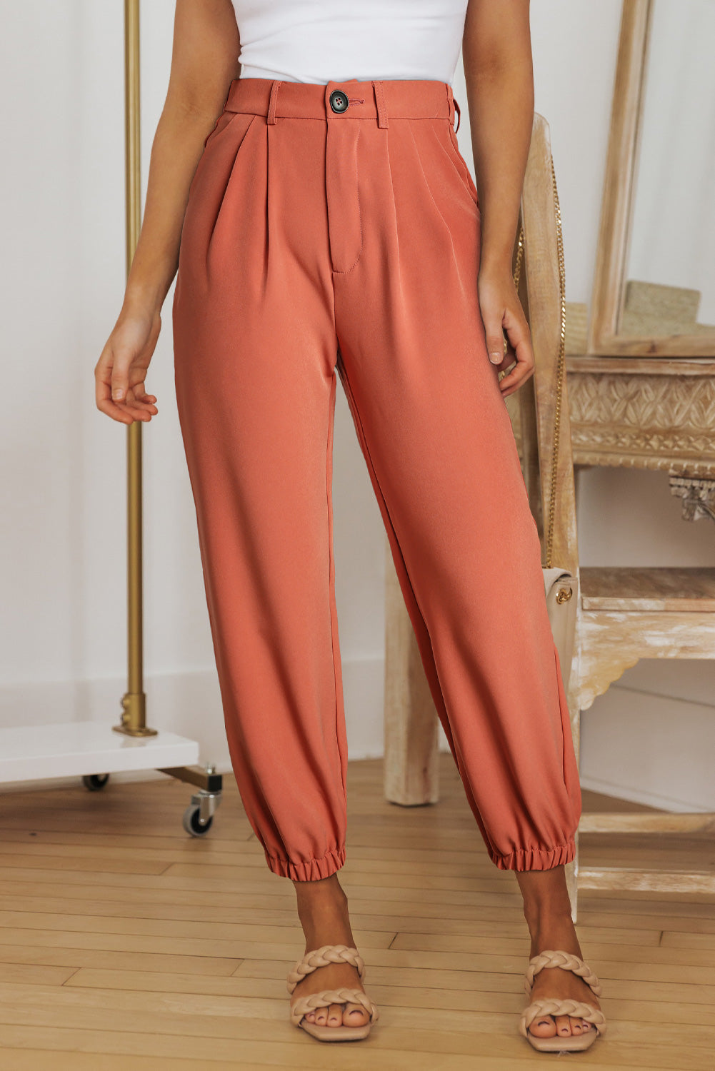 Orange Pockets Ankle-length High Waist Joggers