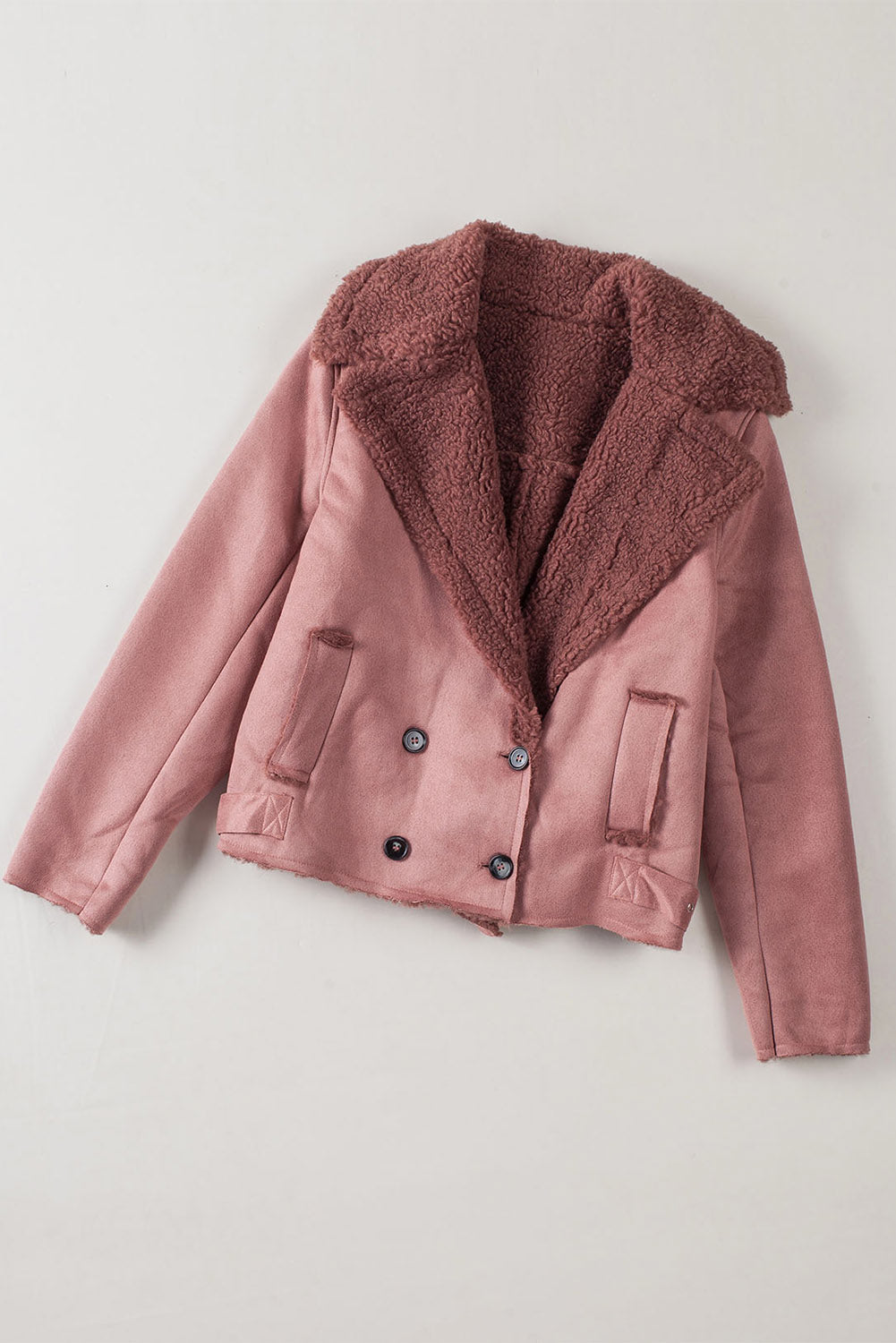 Pink Plush Lining Suede Cropped Double Breasted Coat