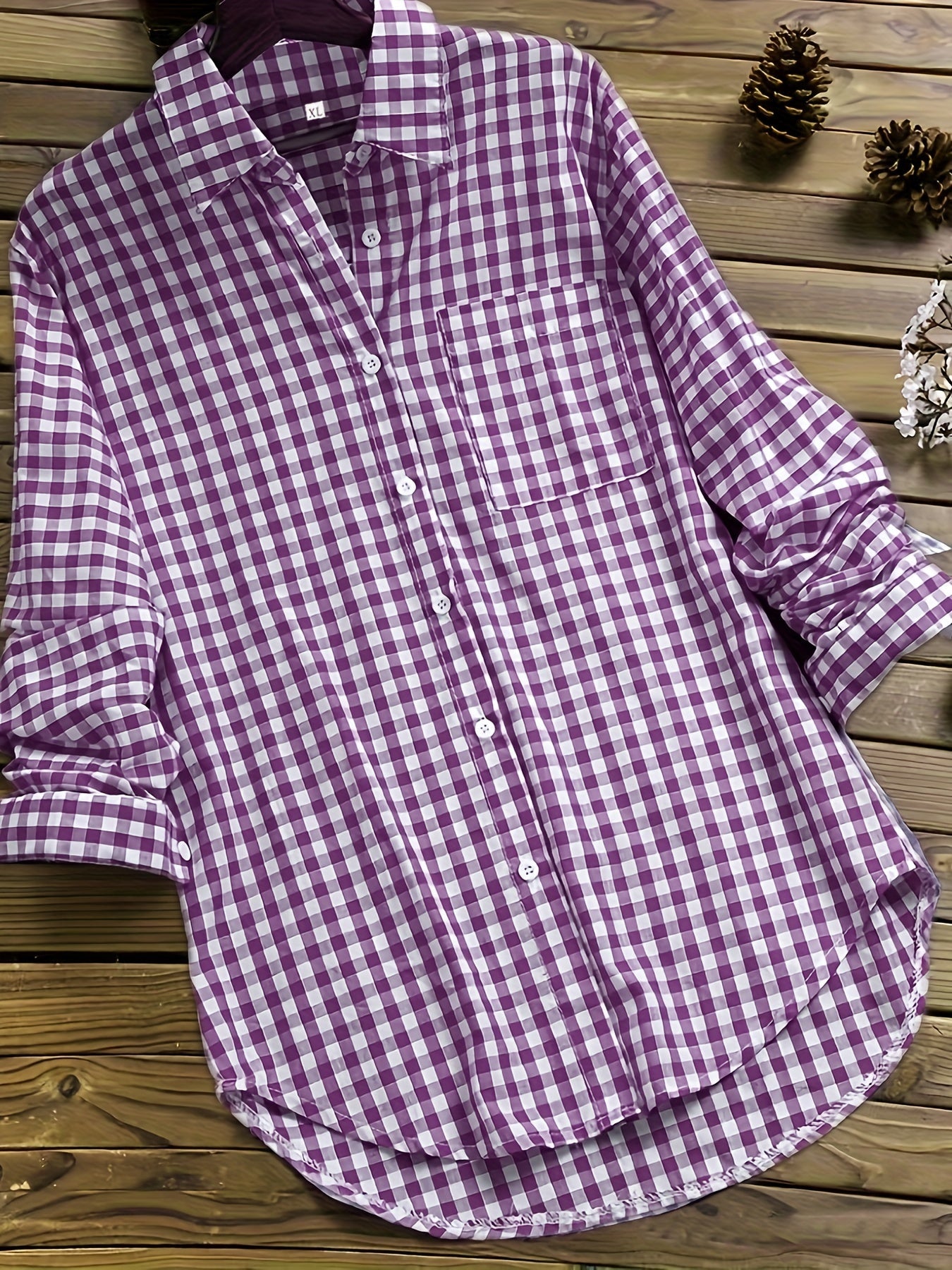 Plus Size Casual Blouse, Women's Plus Gingham Print Turn Down Collar Long Sleeve Shirt