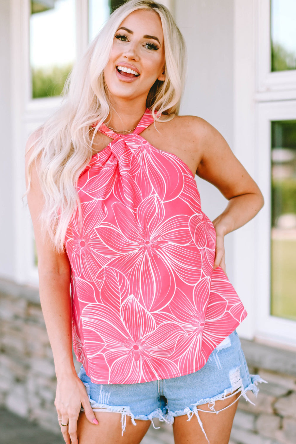 Pink Blooming Floral Printed Twisted Neck Tank Top