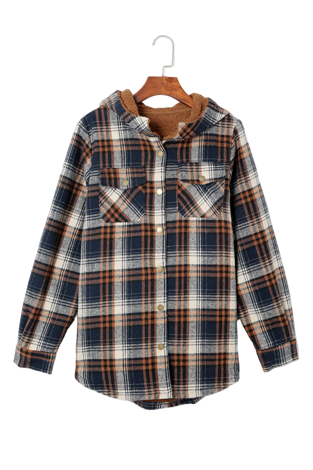 Orange Plaid Pattern Sherpa Lined Hooded Shacket