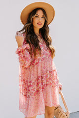 Pink Bubble Sleeve Floral Print Dress