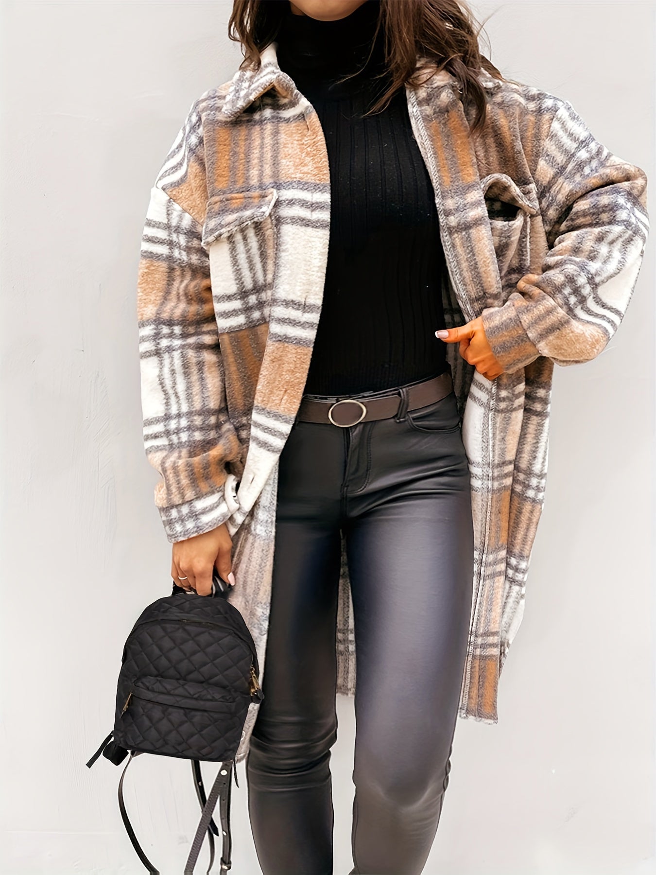 Plus Size Casual Coat, Women's Plus Plaid Print Long Sleeve Lapel Collar Button Up Shacket Jacket