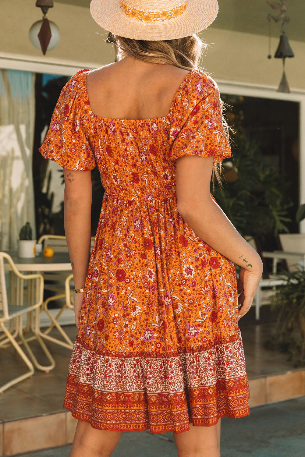 Orange Square Neck Puff Sleeves Flowy Floral Dress