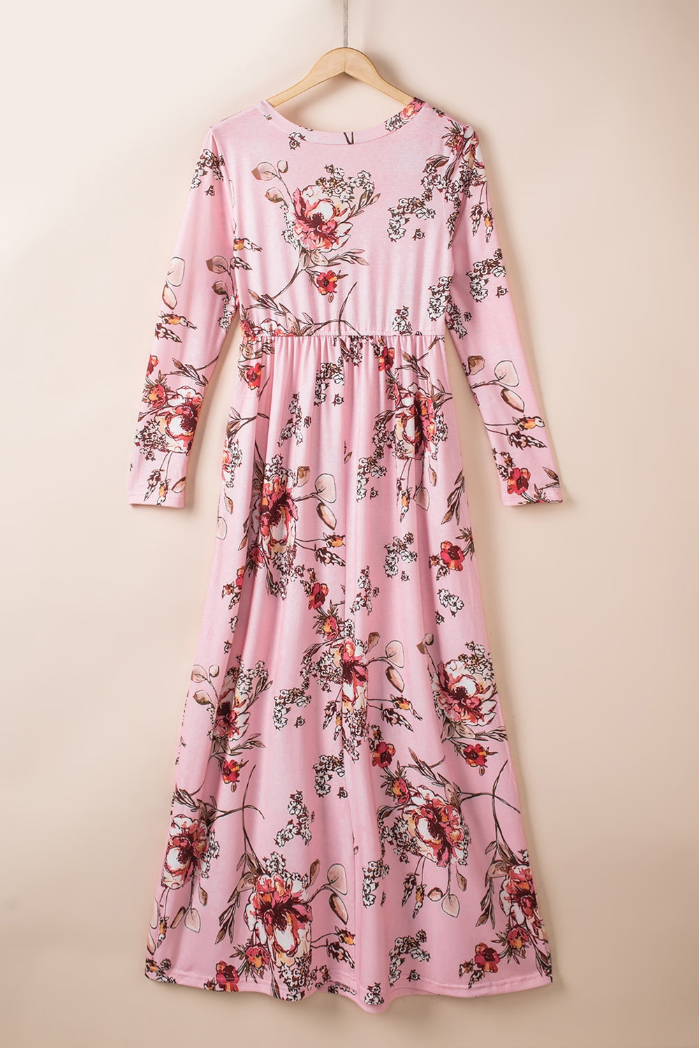 Pink  Wrapped V Neck Floral Long Sleeve Empire Maxi Dress