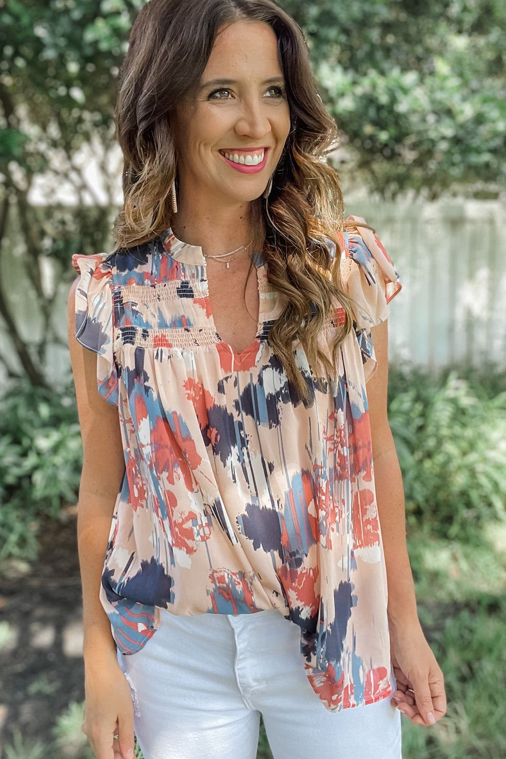 Pink Abstract Print V Neck Shirred Ruffled Sleeveless Top