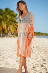 Orange Colorblock Hollow Out Batwing Sleeve Cover Up Beach Dress