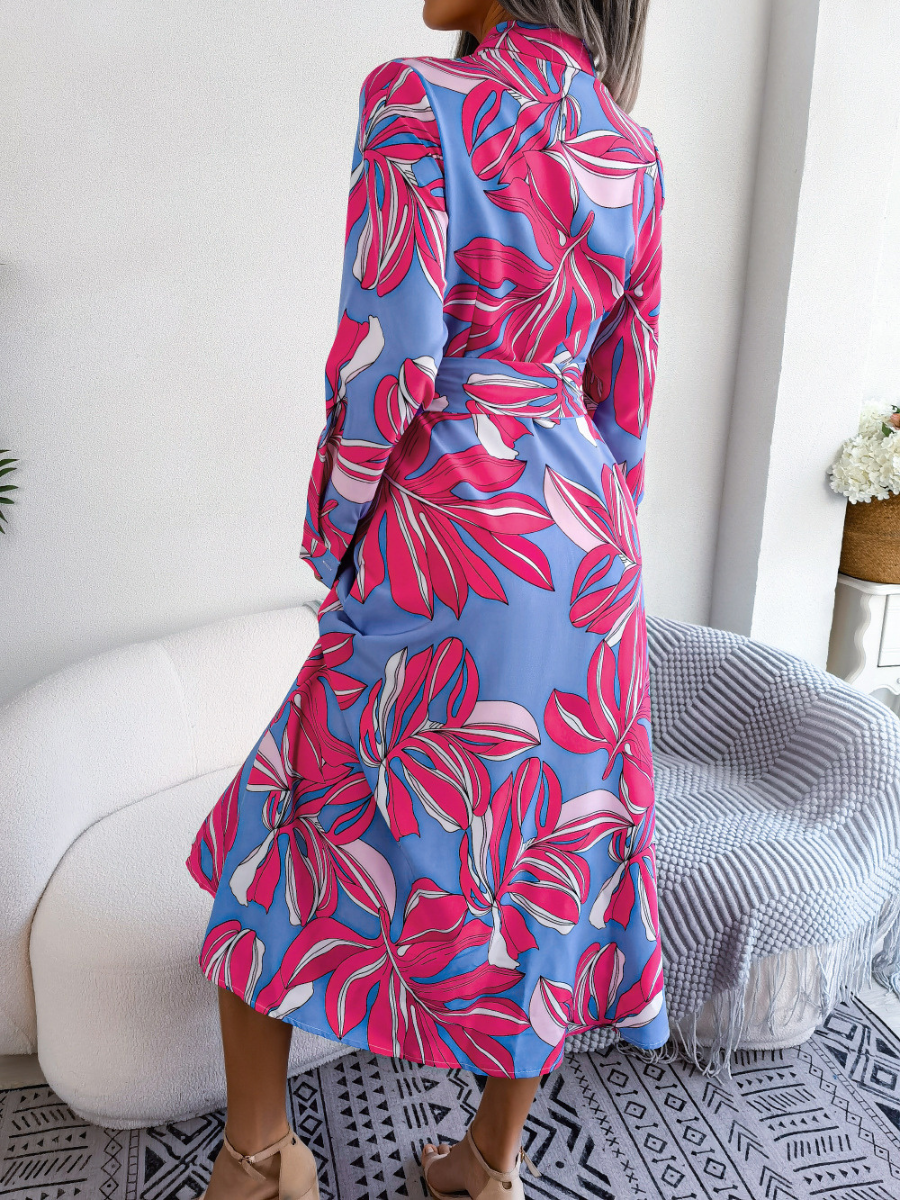 Stylish Fashionable Contrasting Floral Lapel Midi Dress