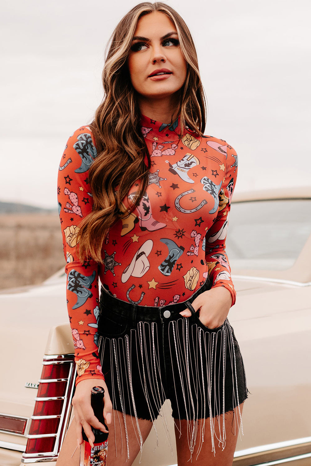 Orange Rodeo Bound Printed Long Sleeve Bodysuit