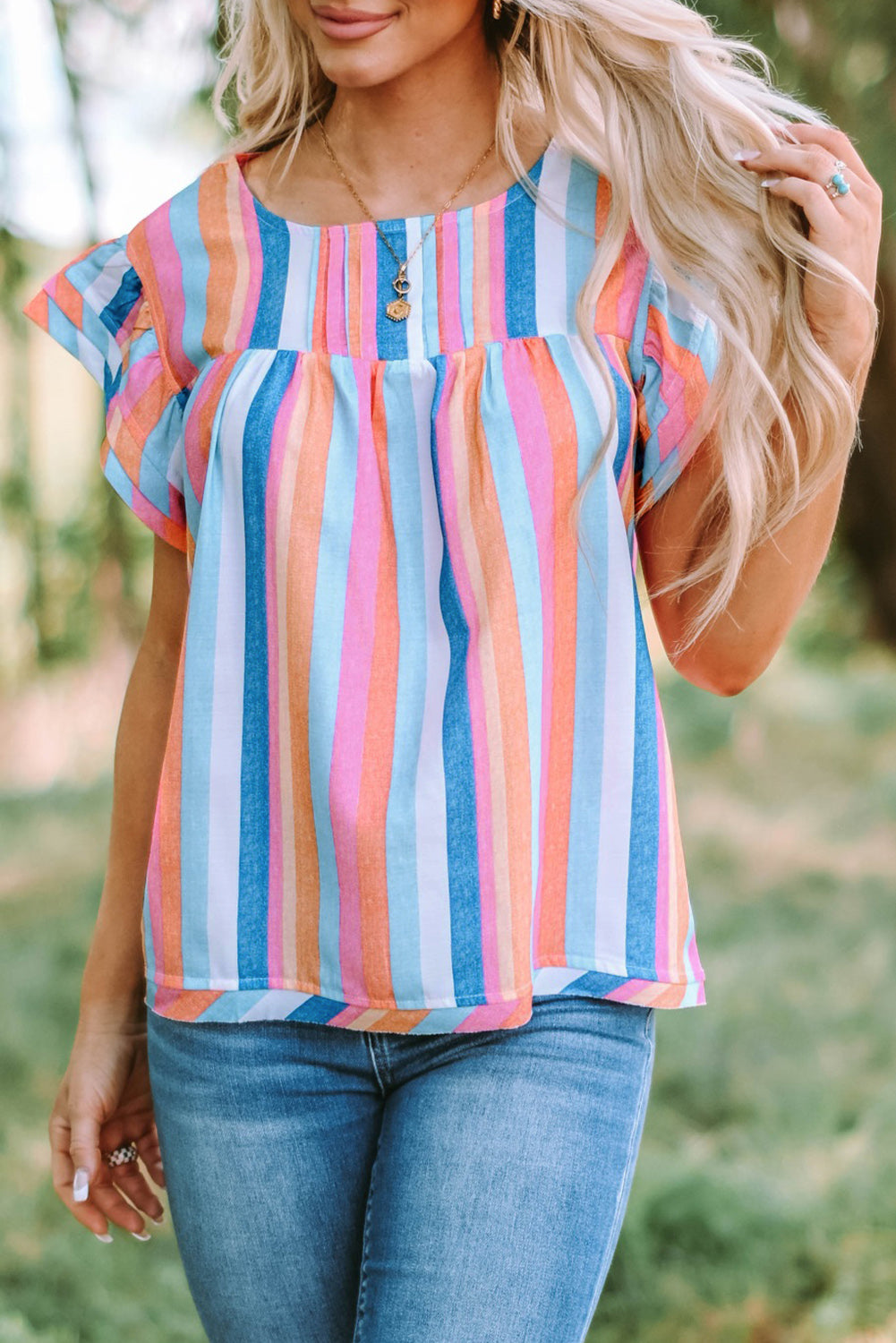 Pink Striped Button Sweetheart Flutter Sleeve Dress