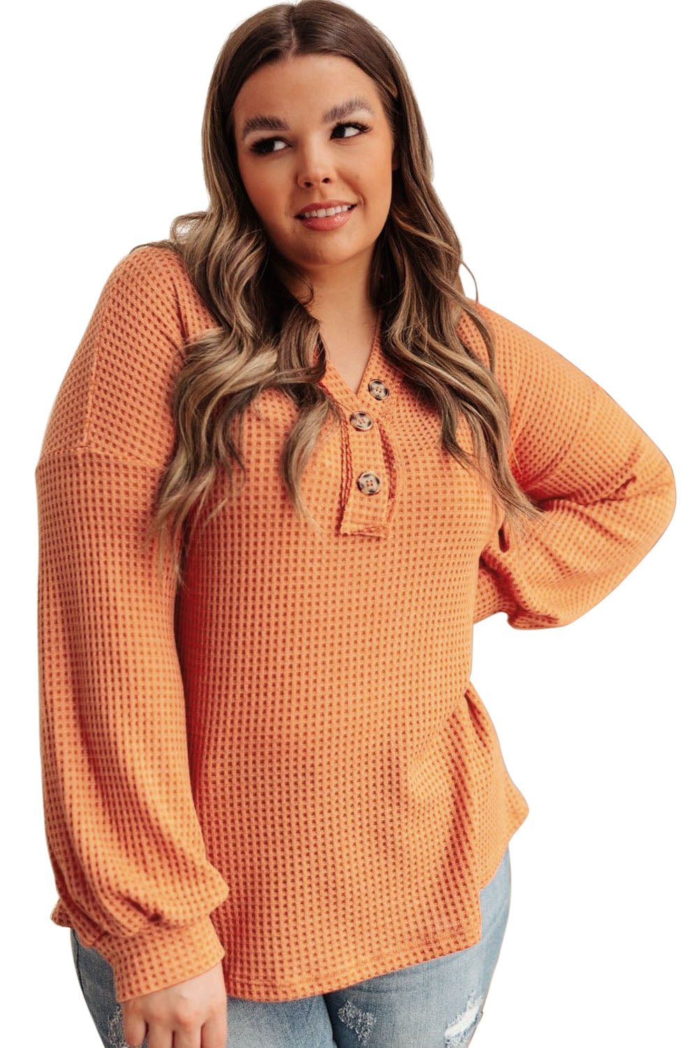 Orange Buttoned V Neck Waffle Knit Plus Size Top