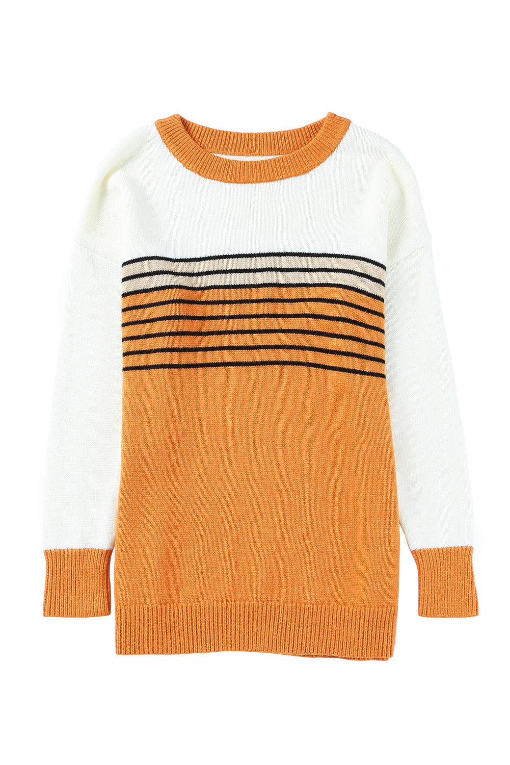 Orange Colorblock Striped Crew Neck Sweater