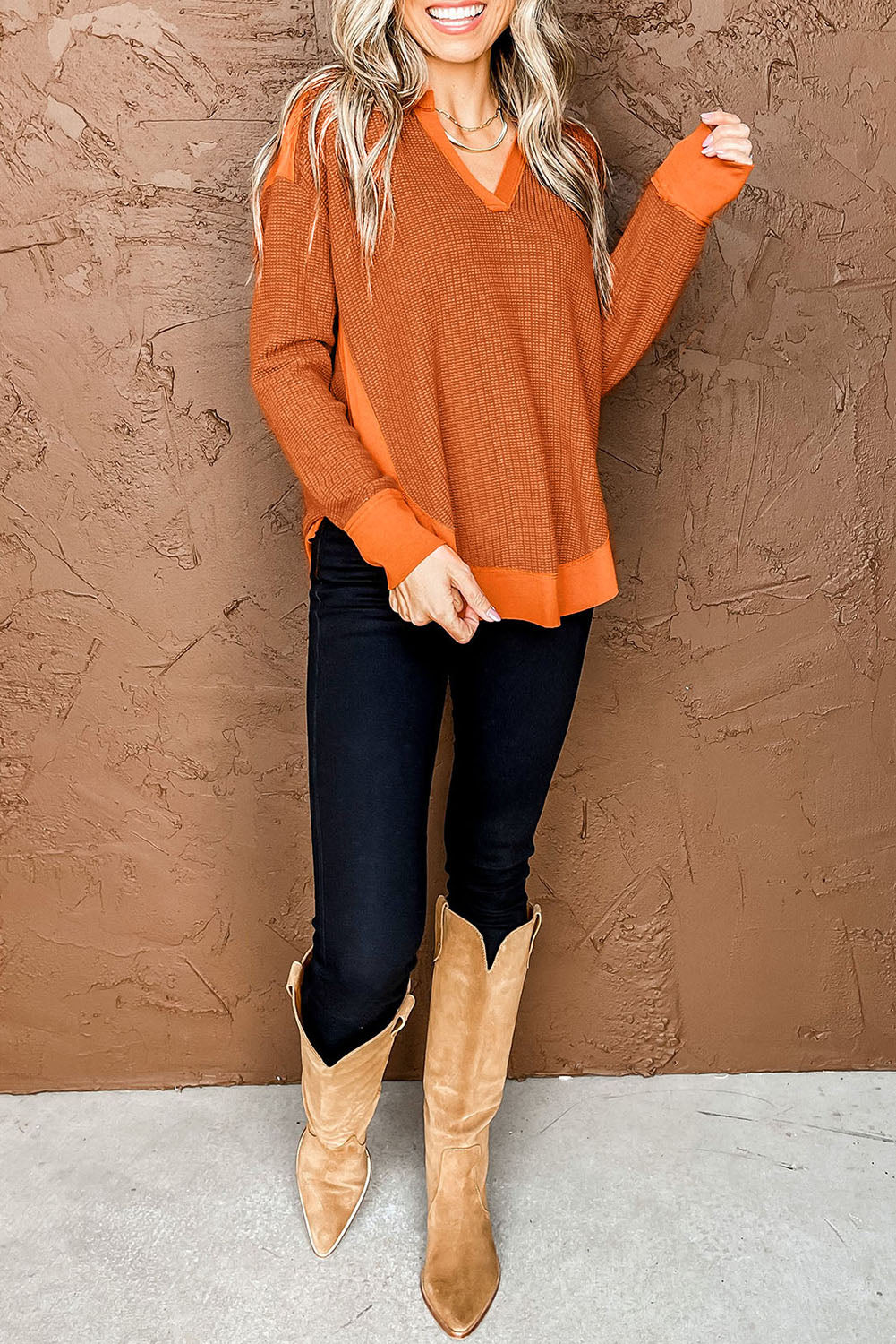 Orange Waffle Knit Patchwork V Neck Long Sleeve Top