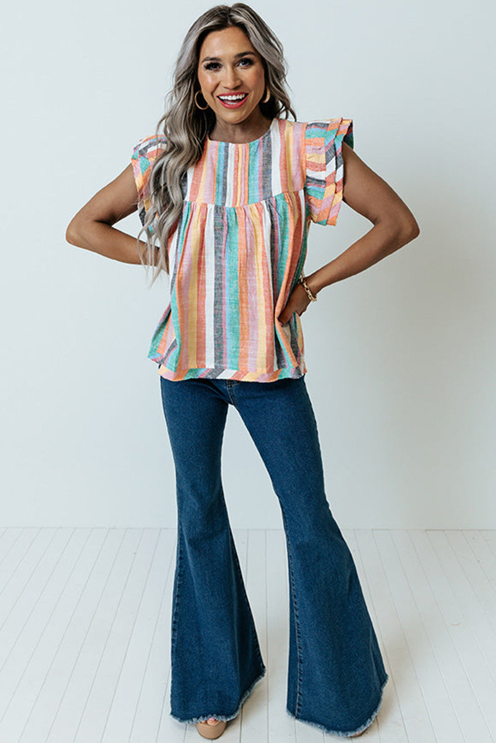 Pink Striped Button Sweetheart Flutter Sleeve Dress