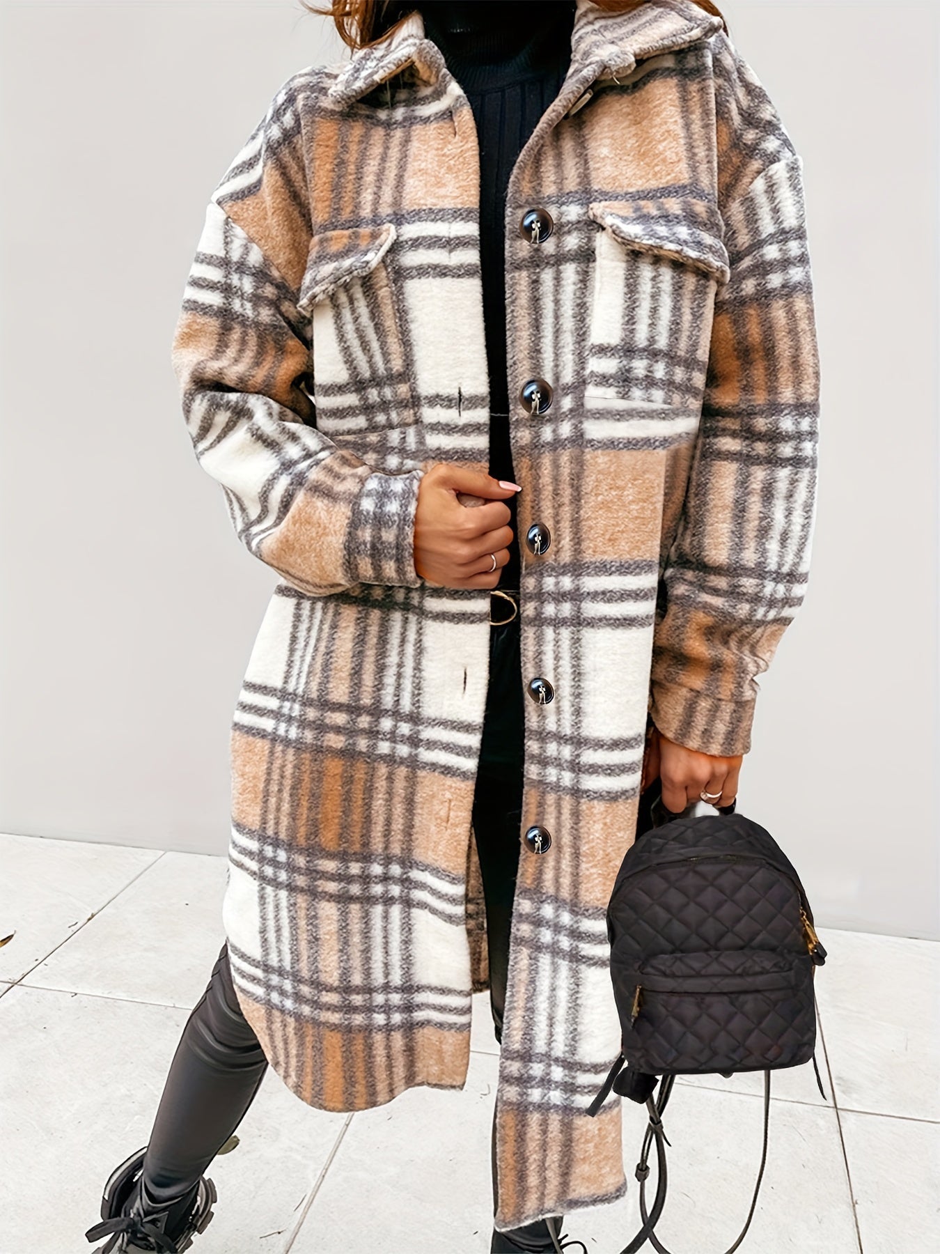 Plus Size Casual Coat, Women's Plus Plaid Print Long Sleeve Lapel Collar Button Up Shacket Jacket