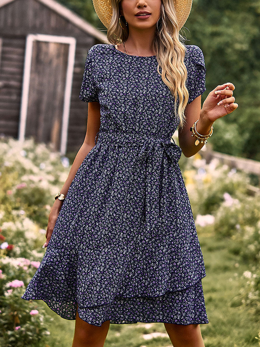 Temperament Floral Casual Strap Waist Round Neck Mini Dress