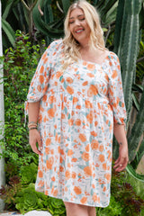 Orange Plus Size Square Neck Tie Sleeve Floral Dress