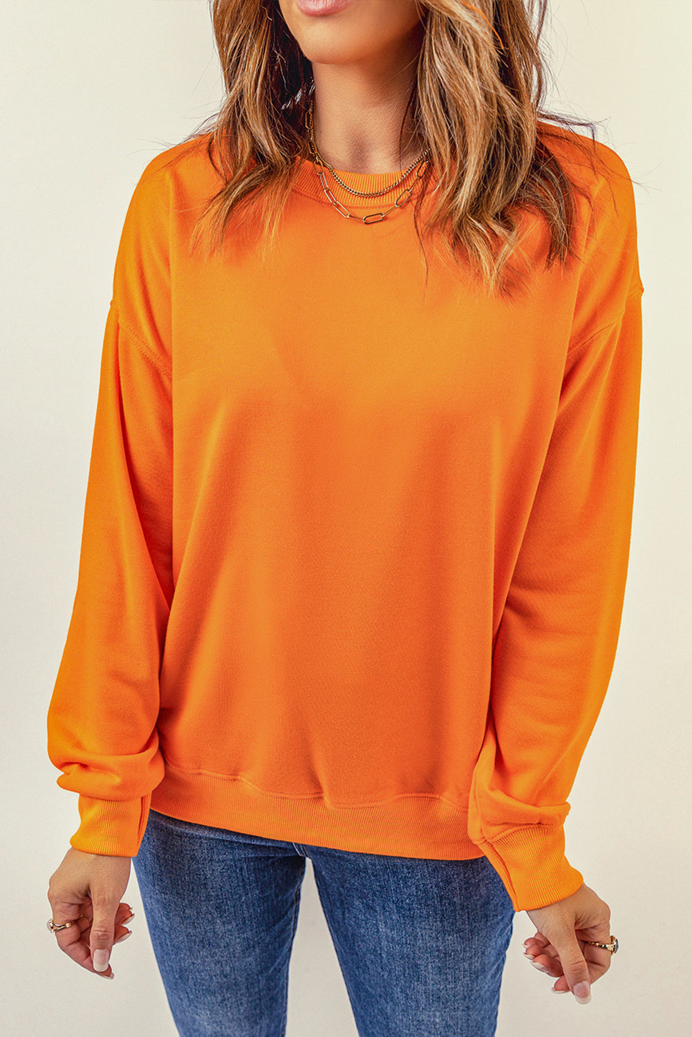 Orange Plain Crew Neck Pullover Sweatshirt