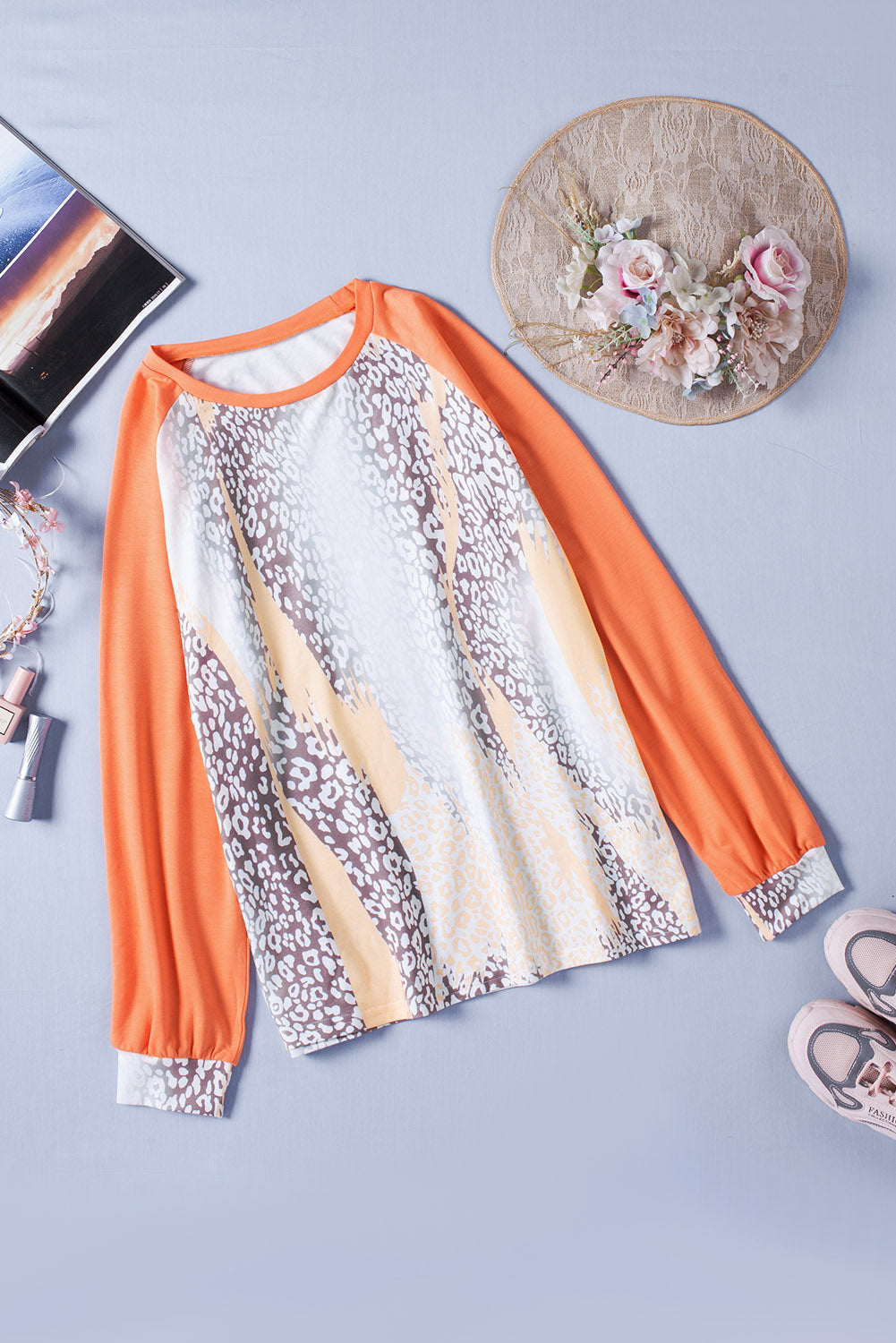 Orange Snakeskin Print Raglan Long Sleeve Plus Size Top