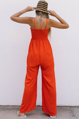 Orange Smocked Spaghetti Straps Wide Leg Jumpsuit