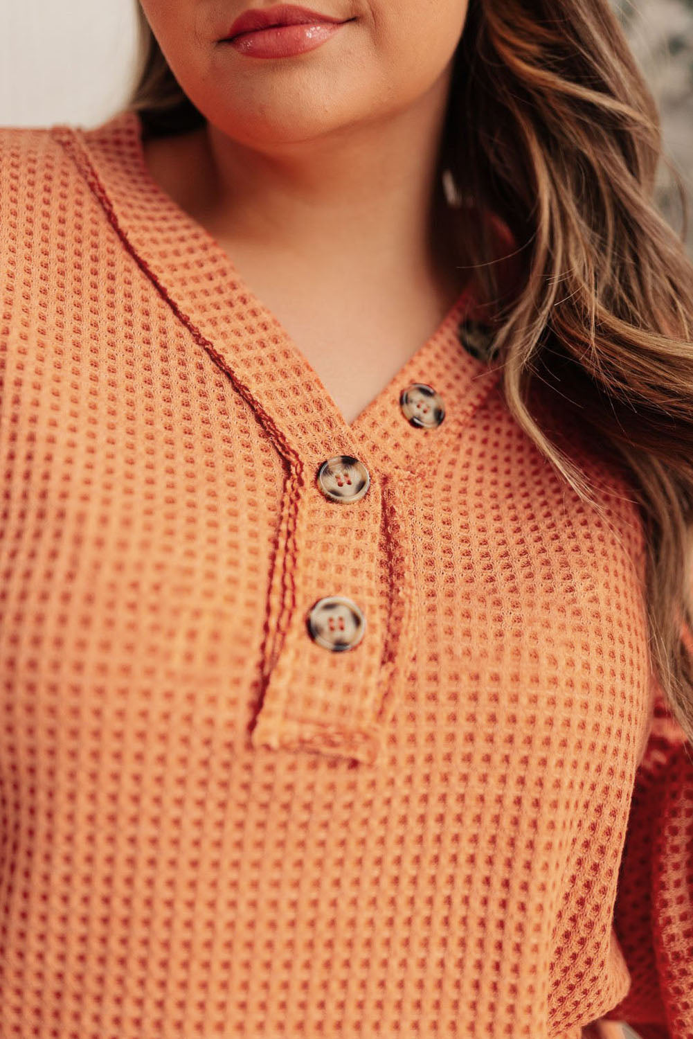 Orange Buttoned V Neck Waffle Knit Plus Size Top