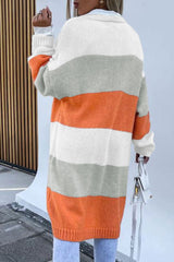 Orange Striped Color Block Drop Shoulder Midi Cardigan