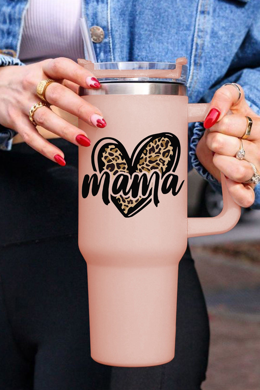 Taza aislante de acero inoxidable con forma de corazón de leopardo de Pink Mama de 40 oz