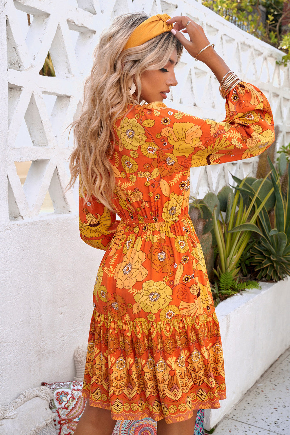 Orange Floral Antique Brass Buttoned Boho Dress