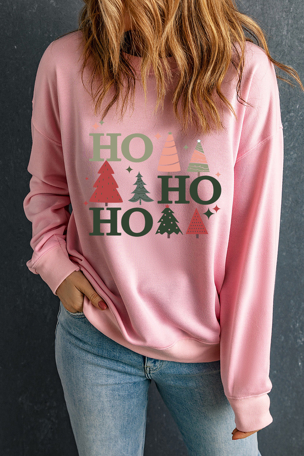 Pink Christmas Jolly Letter Print Pullover Sweatshirt