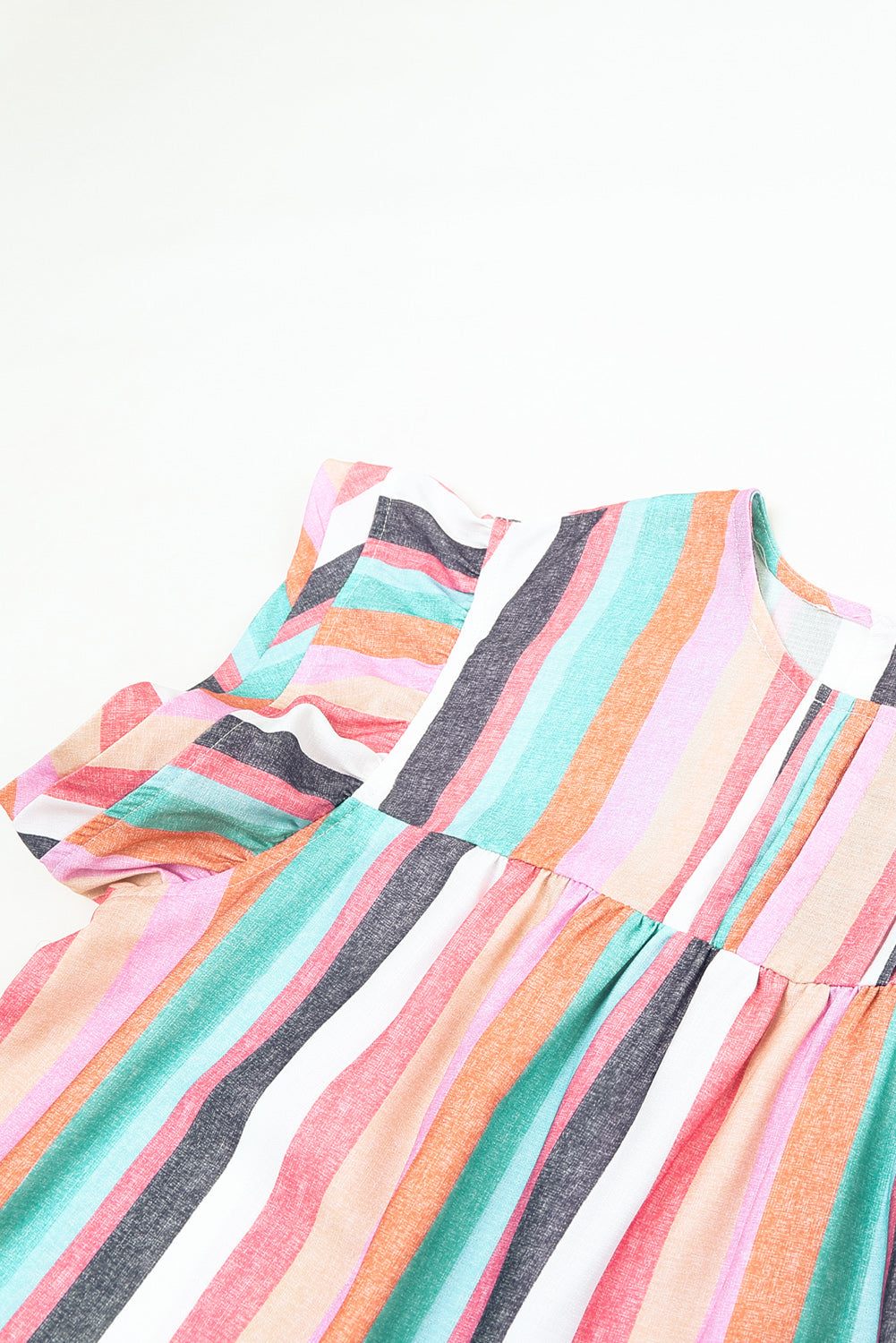 Pink Striped Button Sweetheart Flutter Sleeve Dress