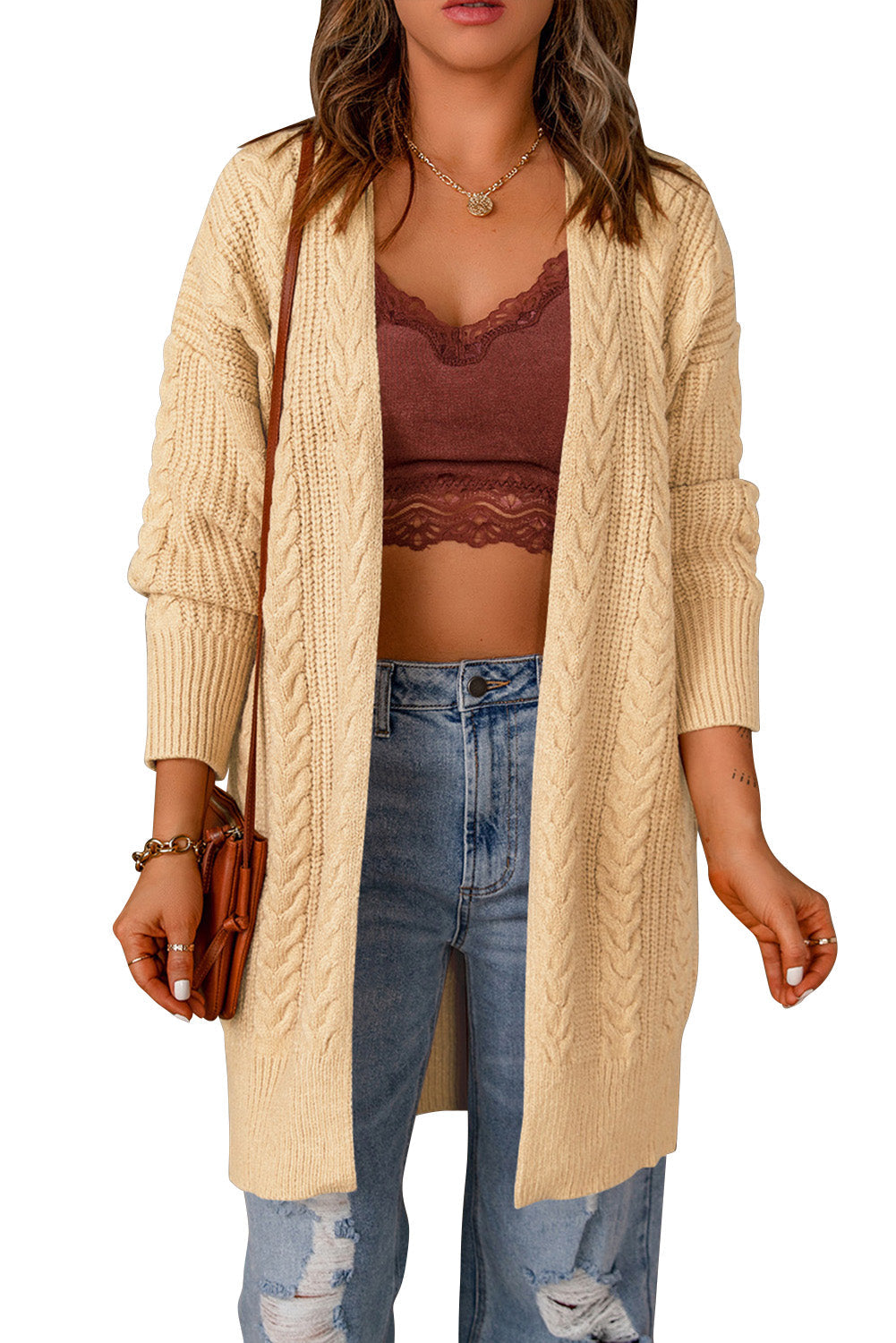 Orange Chunky Knit Open Front Cardigan