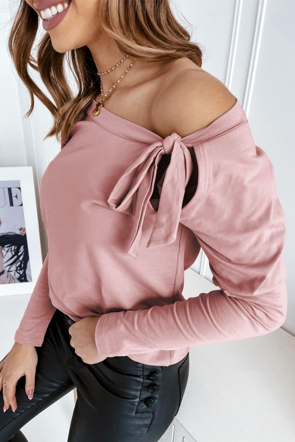 Pink Asymmetric Ribbon Tie Long Sleeve Top