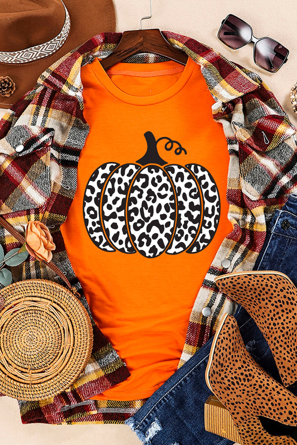 Orange Leopard Pumpkin Graphic Daily Fashion Tee