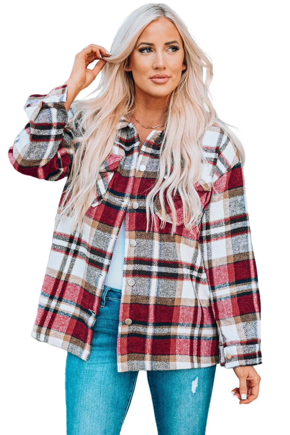 Orange Geometric Plaid Print Pocketed Shacket