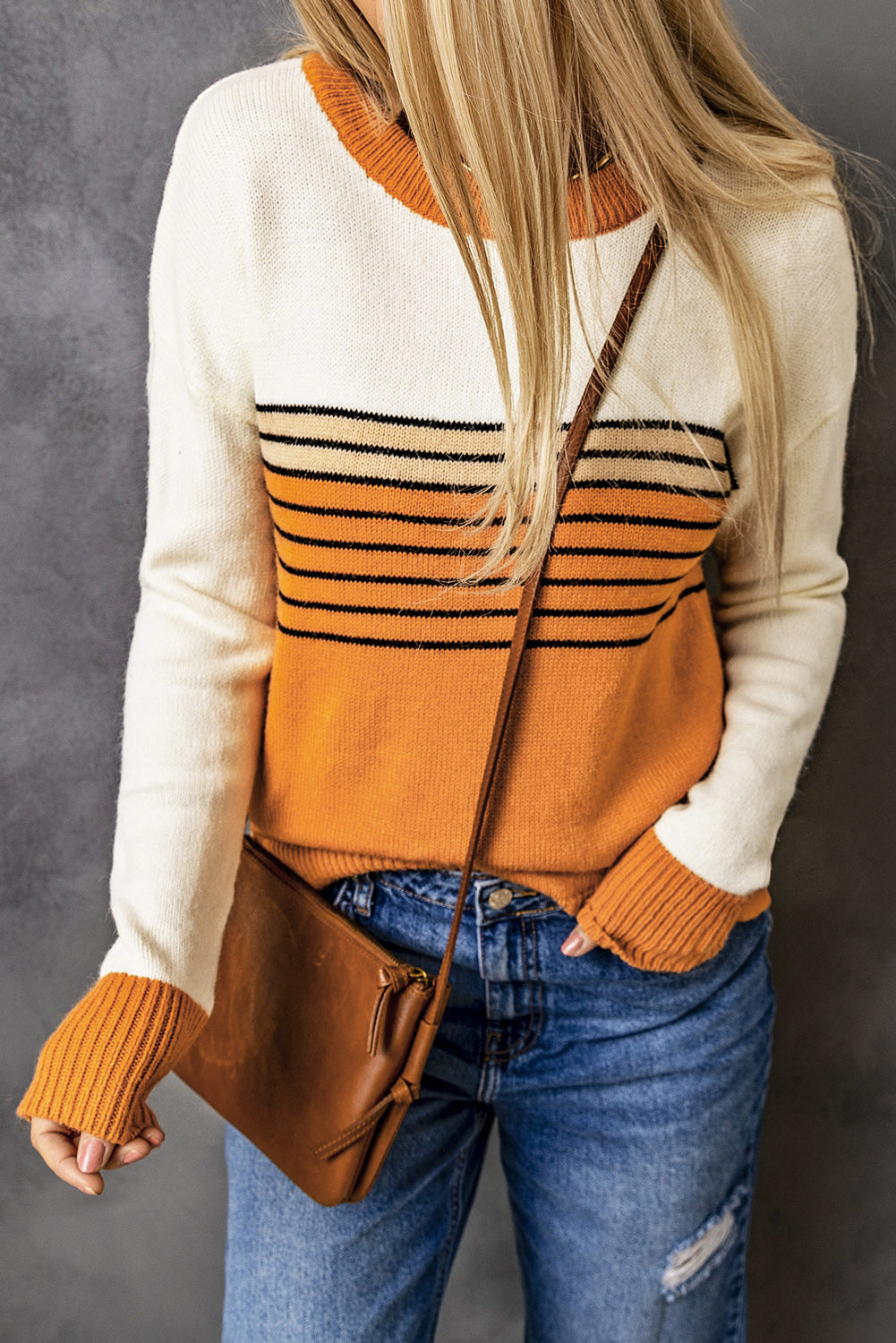 Orange Colorblock Striped Crew Neck Sweater