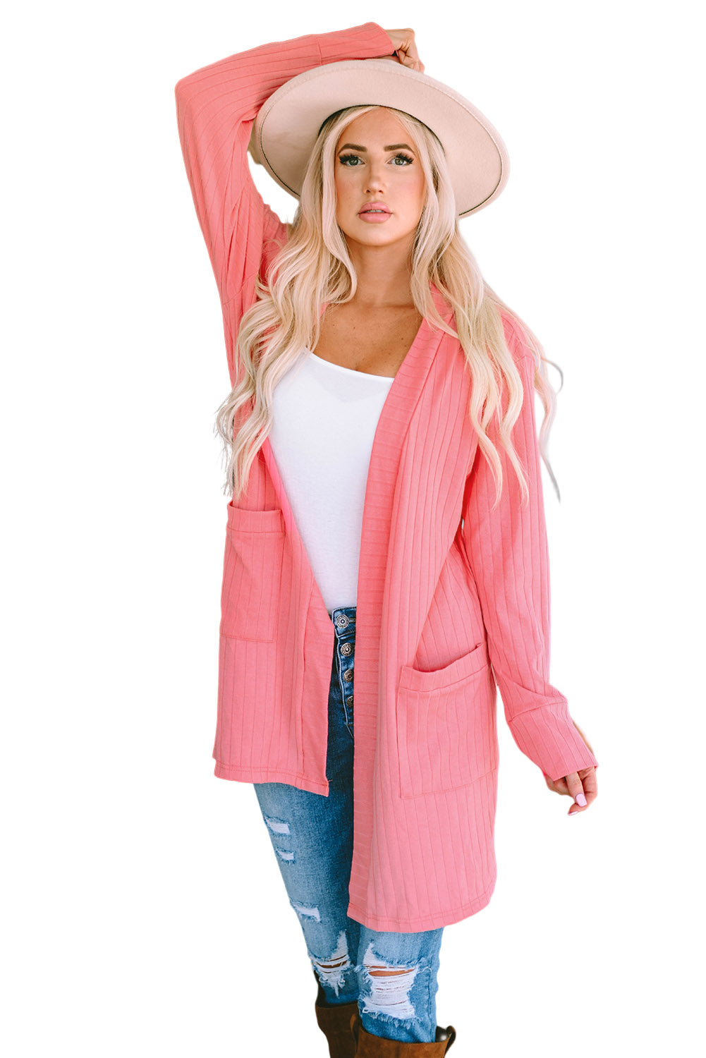 Rosa Strickjacke mit offener Vorderseite und Taschen
