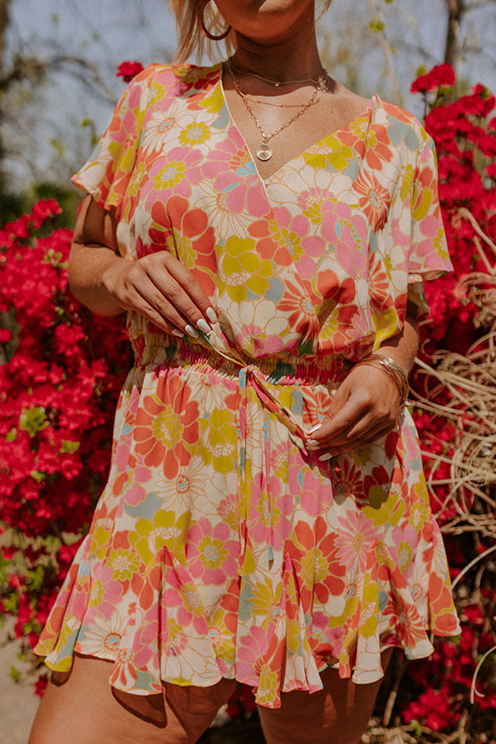 Orange Shirred Neck Summer Floral Dress