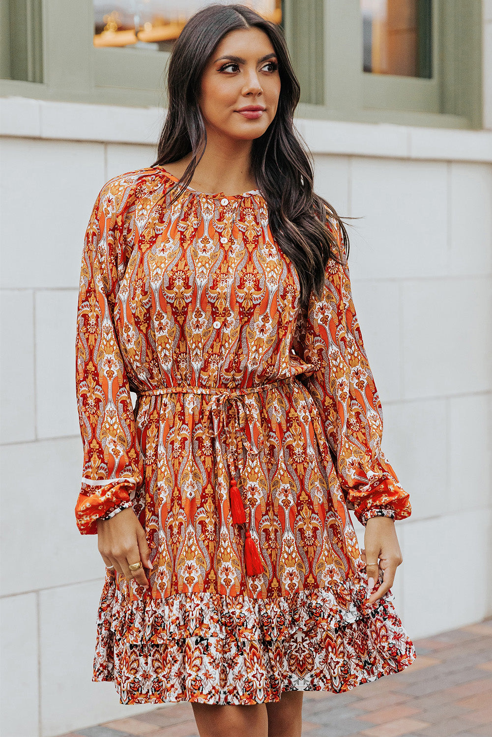 Orange Western Pattern Print Lantern Sleeve Drawstring Mini Dress