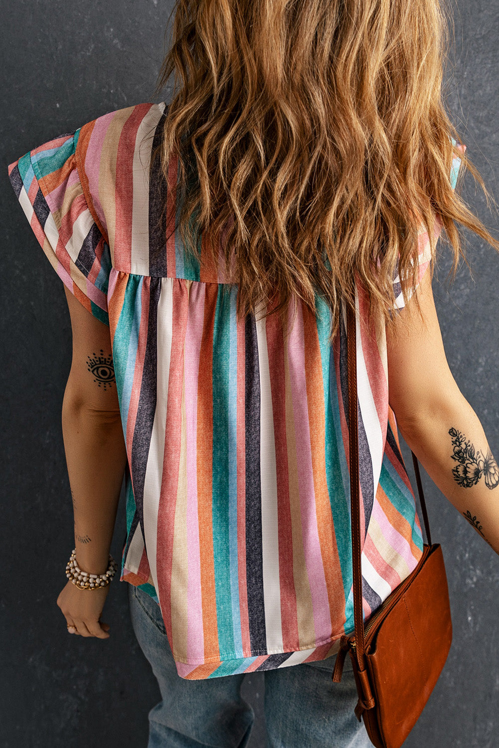 Pink Striped Button Sweetheart Flutter Sleeve Dress