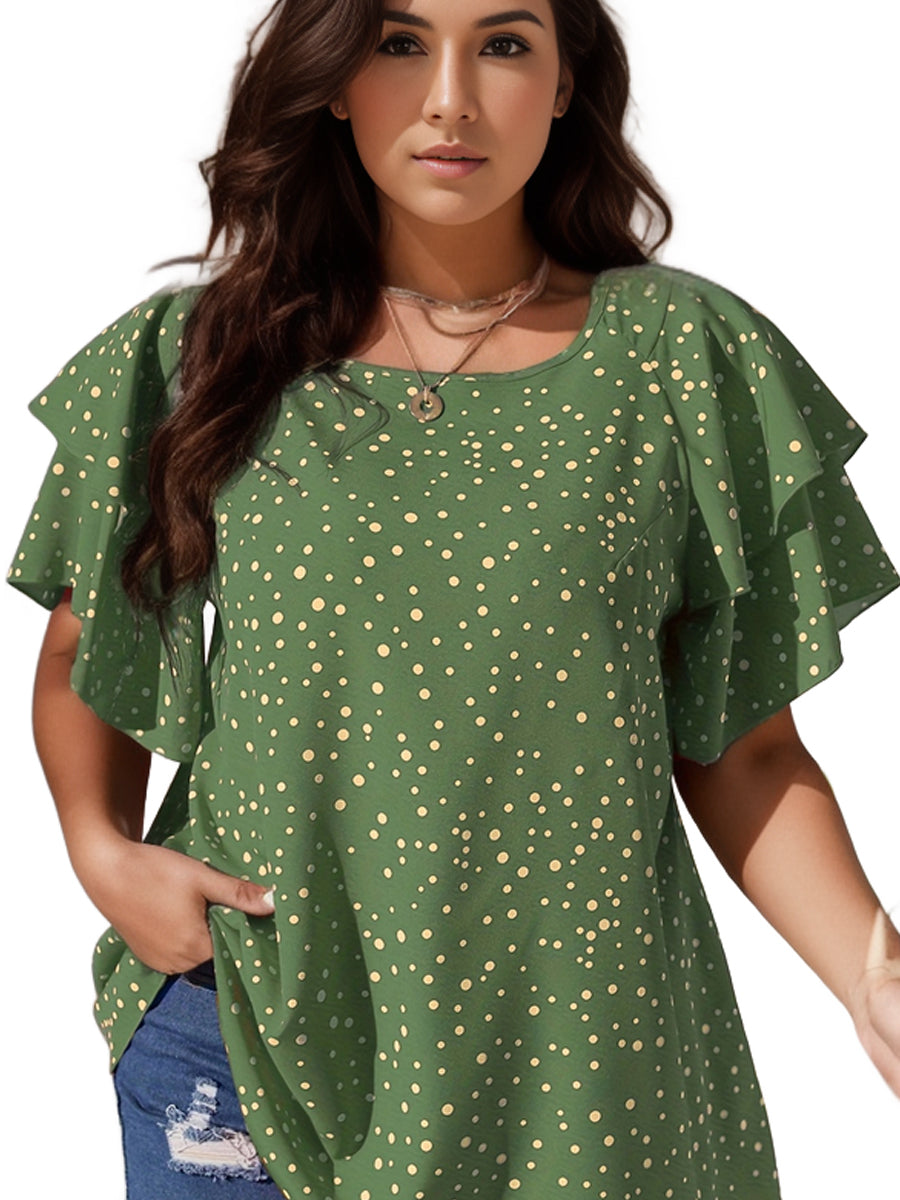 Plus Size Casual Blouse, Women's Plus Polka Dot Print Layered Sleeve Round Neck Oversized Blouse