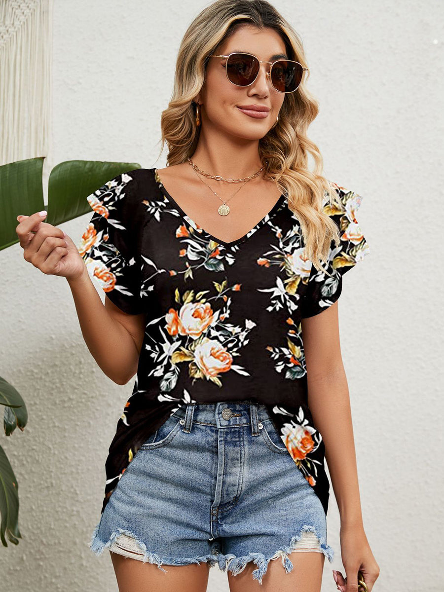 Print V-Neck Double Layer Ruffle Sleeve Loose T-Shirt