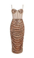 SEQUIN CORSET MIDI DRESS IN CHAMPAGNE