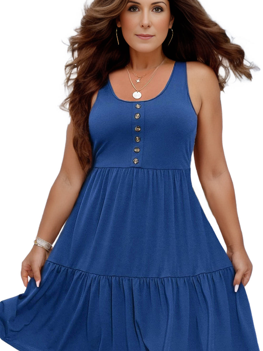 Plus Size Casual Loungewear, Women's Plus Ruffled Hem Button Detail Medium Stretch Comfort Tank Dress