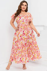 Orange Floral Print Shirred Ruffled Sleeveless Plus Size Dress