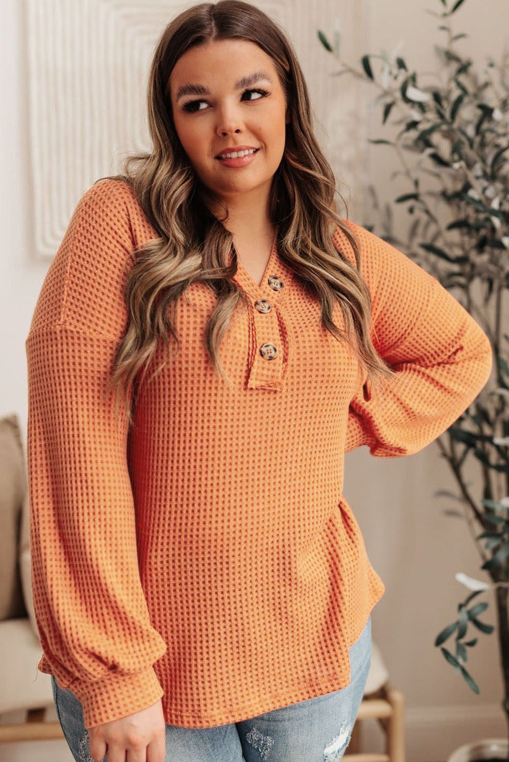 Orange Buttoned V Neck Waffle Knit Plus Size Top