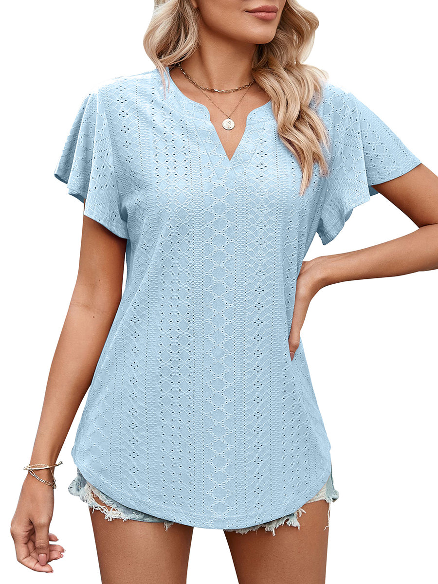 Solid Color Hollow V-Neck Ruffle Sleeve Casual T-Shirt