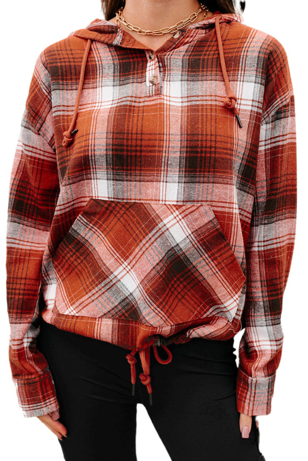 Orange Plaid Print Pocketed Hoodie