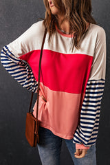 Pink Color Block Bubble Striped Sleeve Top